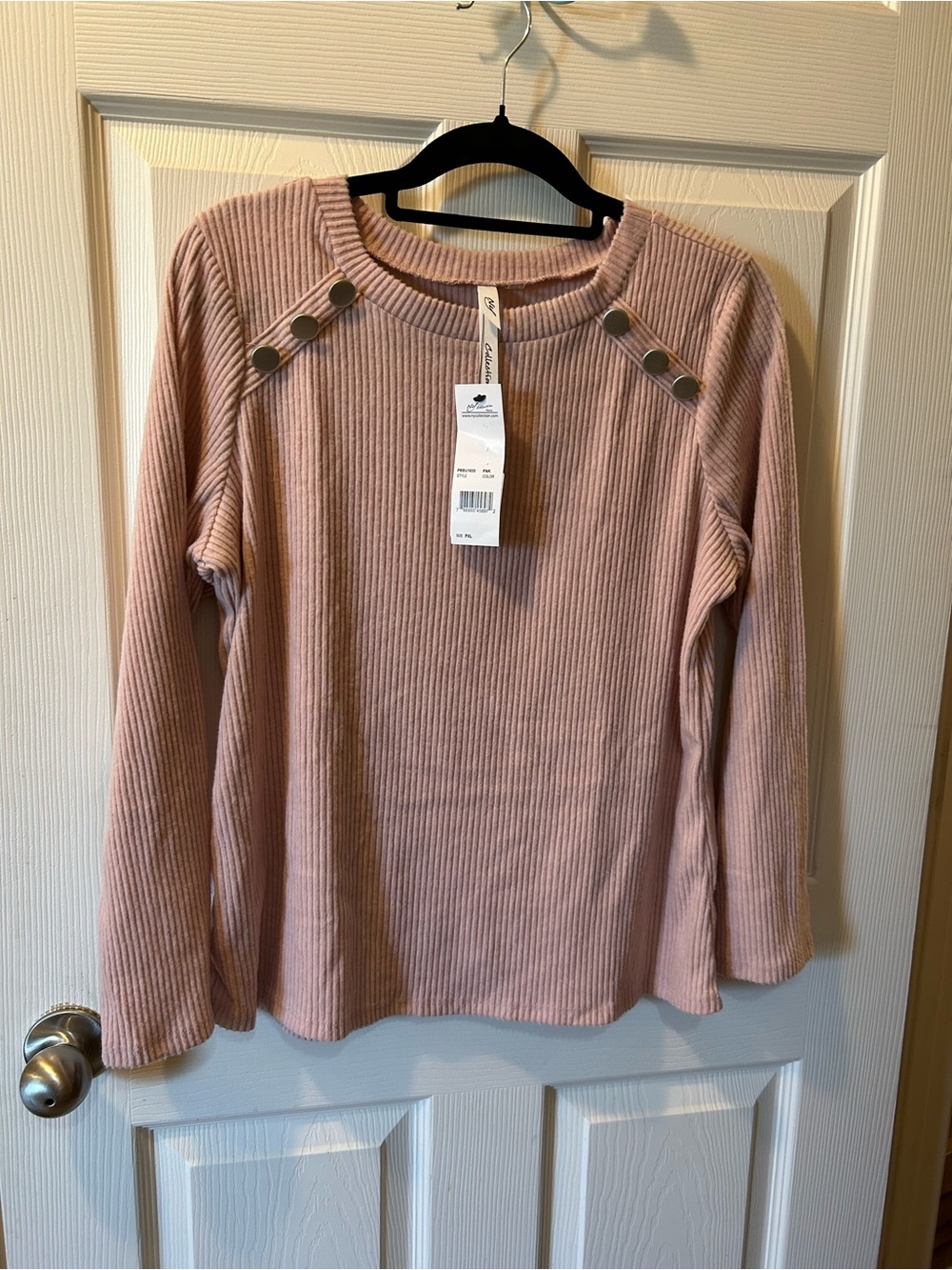 NY Collection PXL XLP Ribbed Long Sleeve Top w/Shoulder Buttons Dusty Rose NWT